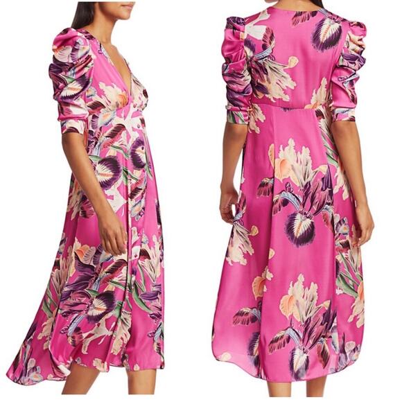 PATBO Grace Floral Dress Satin Puff Sleeve Midi Button Down Influencer US 6 - Picture 14 of 14